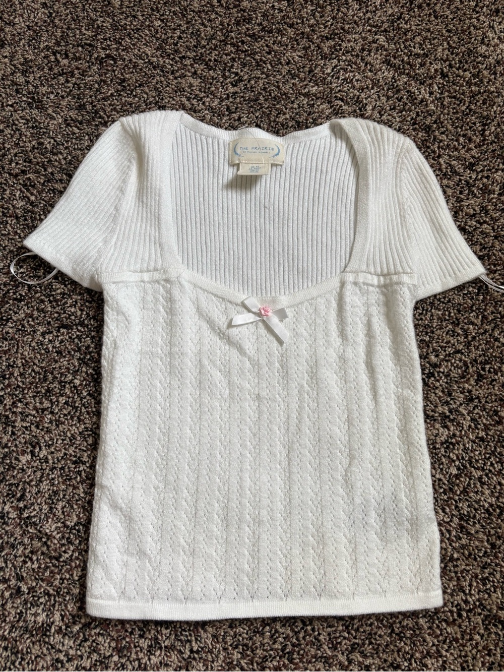 La Regale Cream Short-Sleeve Scoop Neck Knit Top with Bow Accent
